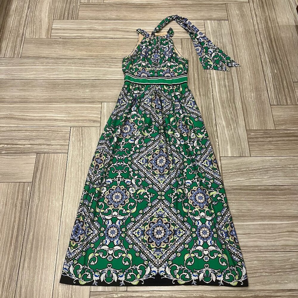 Green Floral Maxi Dress Halter Tie Back Ribbons US Women Size Small S
